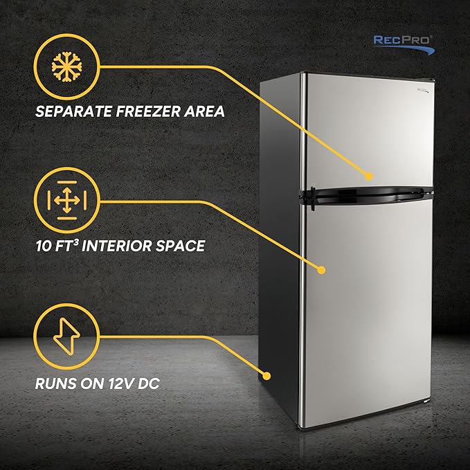 RecPro 10 Cu Ft 12V RV Refrigerator | Black Frost-Free Fridge with Freezer | Double Door, Adjustable Shelves, Reversible Door, Built-In Lock | 23.5”W x 26”D x 59”H | Off-Grid & Dry Camping Ready