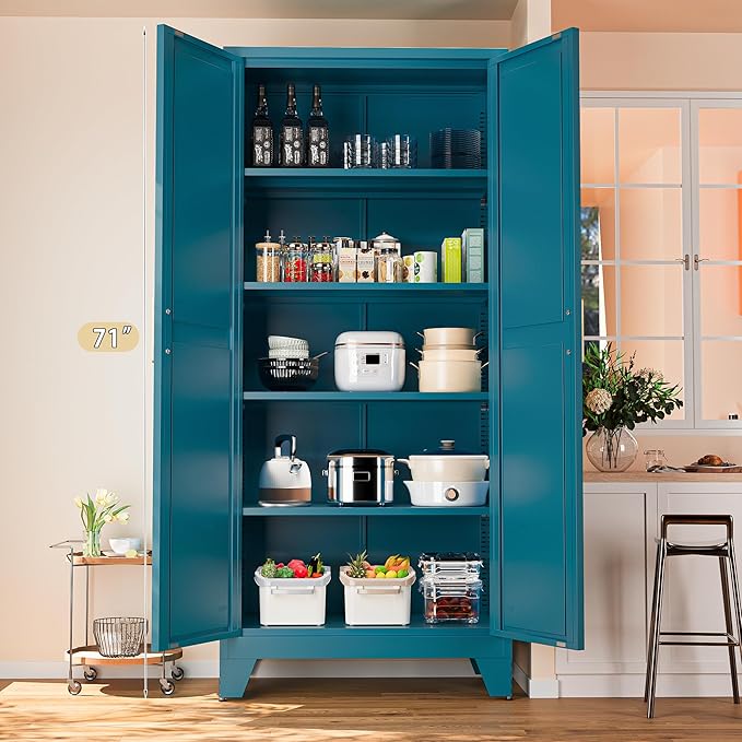 71'' Farmhouse Metal Storage Cabinet with Barn Doors,Steel File Cabinet for Home Office,Kitchen Pantry 4 Adjustable Shelves,Freestanding Cupboard for Kitchen,Home Office (Peacock Blue)
