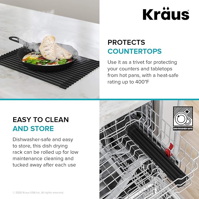 Kraus Multipurpose Over-Sink Roll-Up Dish Drying Rack, Colander and Trivet in Light Grey, KRM-10GREY