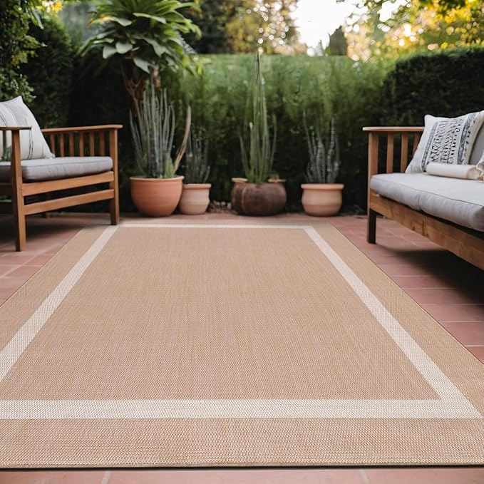 Bordered Outdoor Rug 9x12 Washable Outside Carpet for Indoor Patio Porch Waterproof Easy Cleaning Non Shedding Area Rugs Beige 9 x 12