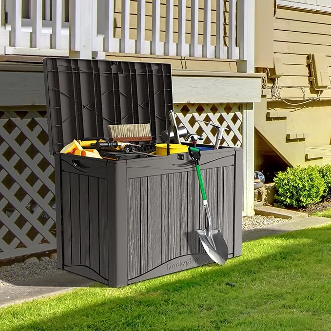 45 Gallon Double-Wall Resin Deck Box - Lockable Waterproof Outdoor Storage Box, 515bs Capacity & Doubles as Seating for Patio Furniture - Garden Tools, Pool Accessories (Brown)