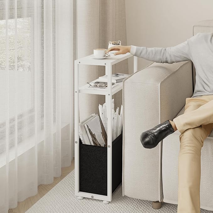 Narrow Side Table, Slim End Tables with Fabric Basket, Skinny Table for Small Spaces, Thin Bedside Table for Living Room, Bedroom, White, ZBZ01