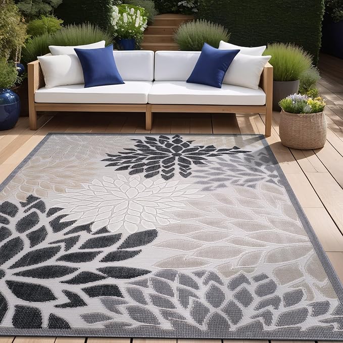 Beverly Rug Outdoor Rug 10x14 Large Modern Floral Tropical Area Rugs for Indoor and Outdoor Patio Easy to Clean Non Shedding Living Room Porch Garden Washable Outside Carpet (10 x 14 Beige)