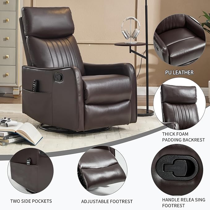 Manual Swivel Rocker Recliner Chair for Adults, Overstuffed Reclining Glider Chair for Nursing with Vibration Massage & Heat, Living Room Rocking Recliner 2-Stage backrest, Faux Leather Brown
