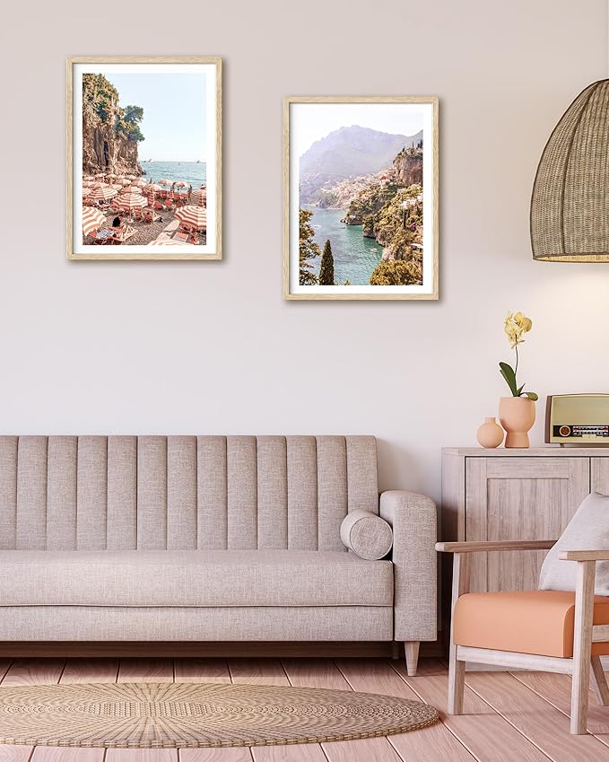 HesenDot Natural OAK Wood Framed Summer in Positano Wall Art,12x16in Italy Amalfi Coastal Canvas Wall Print,Arienzo Beach Umbrellas Poster Wall Decor for Living Room,Bedroom,Office Gallery Set of 1