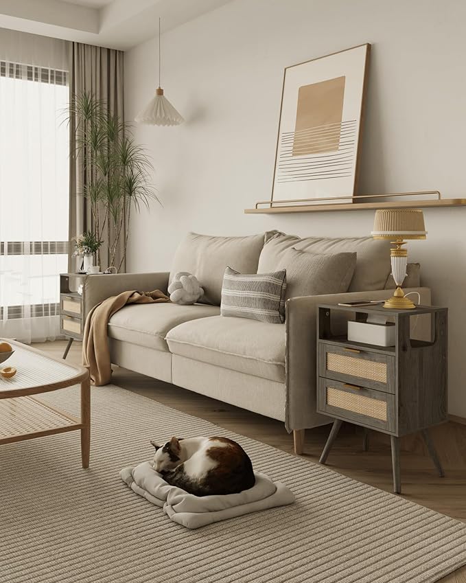 Rattan Nightstand with Charging Station,Modern Bedside Table with 2 Storage Drawer and Open Wood Shelf, for Bedroom and Small Spaces,Night Stand with Solid Wood Legs (Grey Oak)