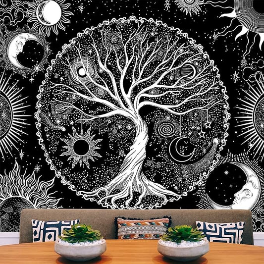 AACKart Tree of Life Tapestry for Bedroom Aesthetic Room Decor-Black and White Spiritual Tree Tapestry Wall Hanging with Sun Moon Star 59.1 x 51.2 inches