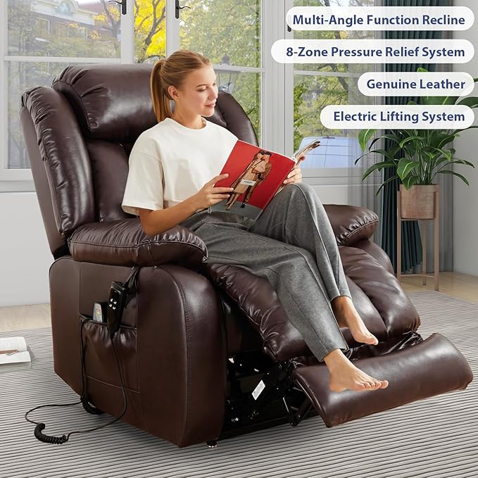 MAEVIS Large Genuine Leather Lift Chairs, Dual Motor Lift Chiars Recliner for Elderly,Extended Footrest and Lumbar Pillow for Tall Man,with Heat and Massage, USB and Type-C Ports(Brown)