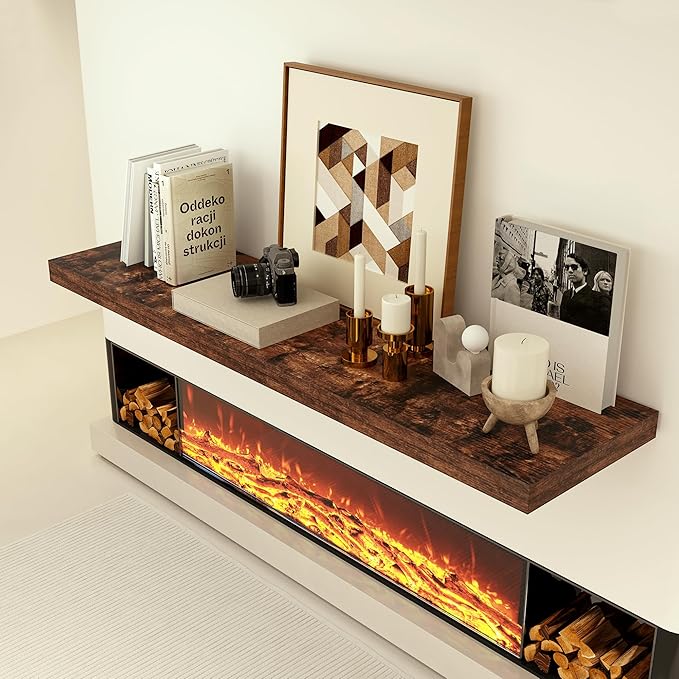 Heimlove 12 Inch Deep Floating Shelves, 48 x 12 inches Long, Large Display & Storage Shelf, Rustic Wood Wall Shelves for Fireplace Mantel, Set of 1(Rustic Brown)