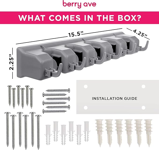 Berry Ave Broom Holder Wall Mount and Garden Tool Organizer, Closet Storage, Kitchen Rack, Home Organization and Garage Organizer for Rake or Mop Handles Up to 1.25-Inches, Hanger Plus 6 Hooks (Grey)