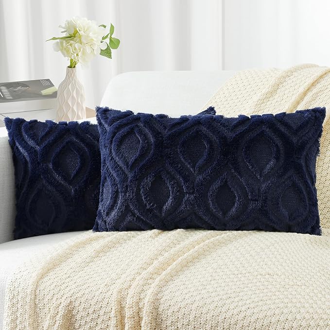decorUhome Fall Throw Pillow Covers 12x20 Inch Set of 2, Soft Plush Decorative Faux Fur Navy Blue Solid Couch Pillow Covers, Accent Farmhouse Neutral Lumbar Euro Pillow Cases for Sofa Bed Living Room