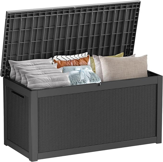 Large Deck Box 260 Gallon, Resin Patio Storage Box with Lockable Lid for Patio Furniture, Garden Tools, Pool Accessories, Weatherproof Outdoor Storage Bin, Black