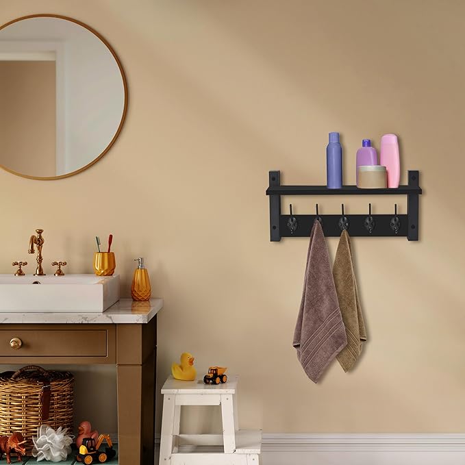 Sorbus Coat Hooks Wall Mount with Shelf – 16 Inch Coat Rack Wall Mount with 5 Heavy Duty Hooks – Floating Wall Shelf with Hooks for Entryway, Bathroom, Bedroom, Kitchen, or Mudroom (Black)