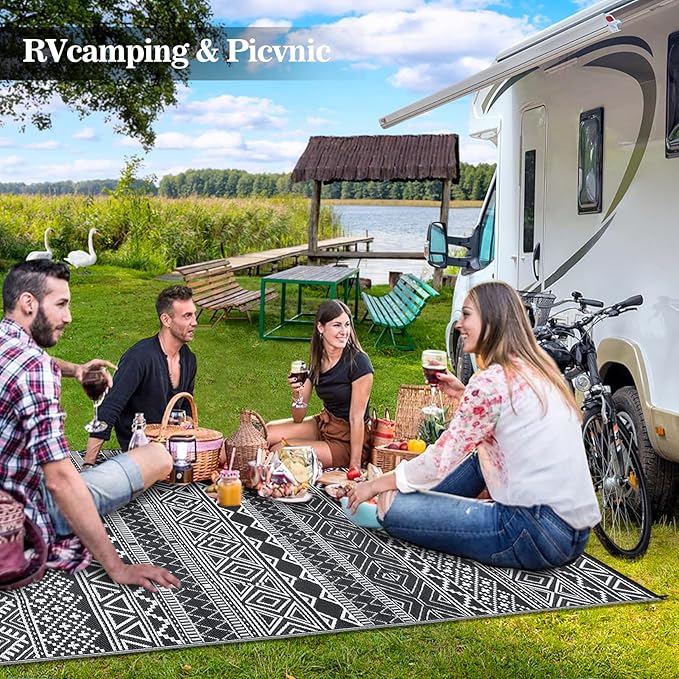 GAOMON Outdoor Rugs Patio Camping Waterproof Rug 6'x9' Plastic Straw Patio Rug Portable for Campers, Outside RVs Mat for Patios Clearance, Backyard Porch, Balcony, Black/White(Bohemia)
