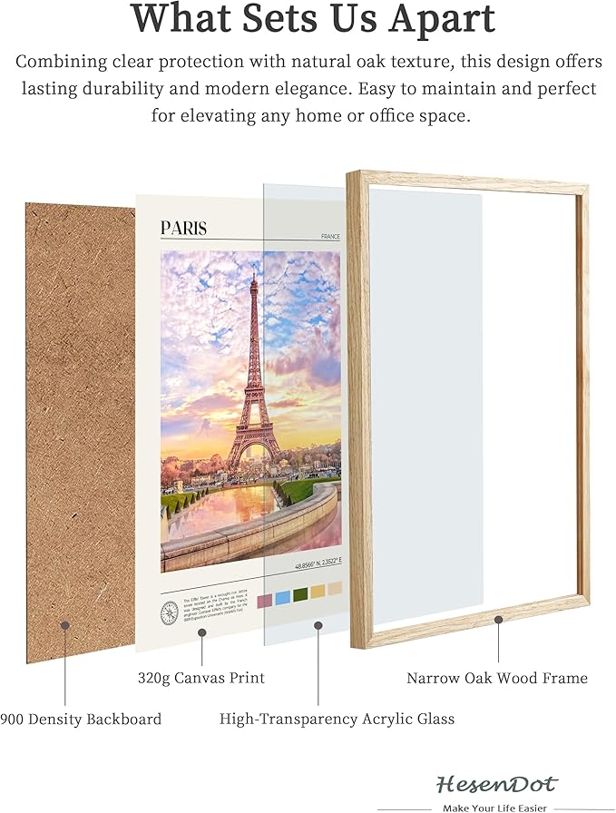HesenDot Natural OAK Wood Framed Paris City Wall Art,12x16in Iconic Scenery Canvas Wall Print Posters,Classic Urban Landmark Wall Decor for Living Room,Bedroom,Office Gallery Set of 1