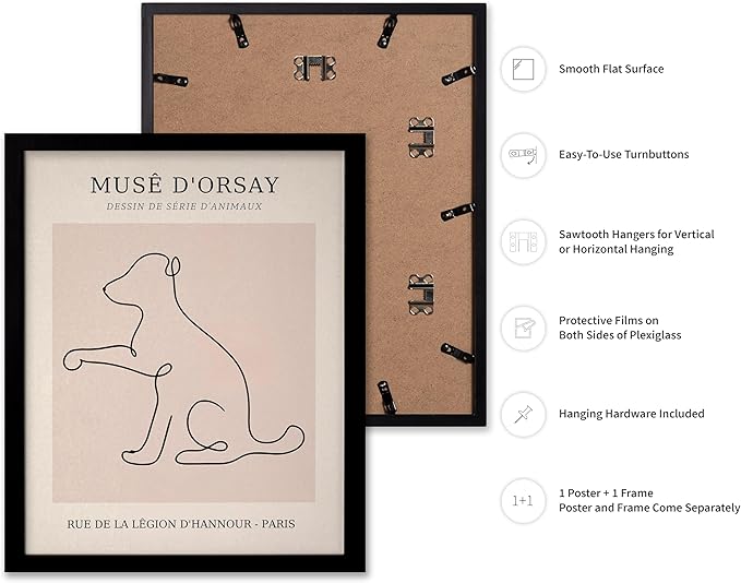 Poster Master Vintage Poster - Retro One Line Dog Drawing Print - Dog Art - Minimal Gift for Men, Women, Animal Lover - Abstract Wall Decor for Home, Office, Bedroom, 11x14 Black Framed