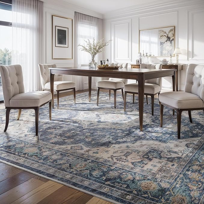 AMOAMI-Area Rug 5X7 Rugs for Living Room-Vintage Soft Blue Rugs for Bedroom-Non Slip Carpet-Machine Washable Rug for Dining Room Living Room Bedroom Office Under Table