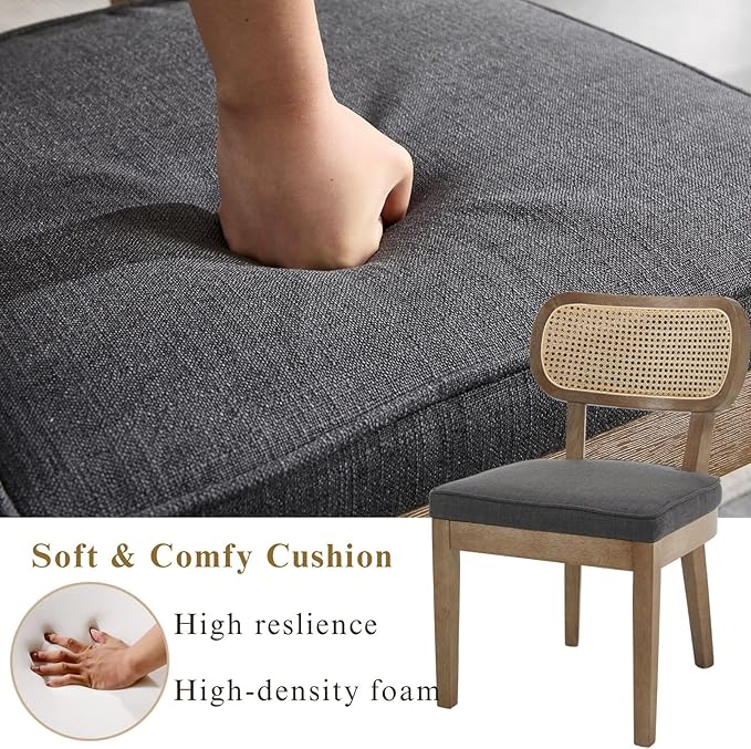 Rattan Dining Chairs Set of 4, Upholstered Linen Dining Room Chair with Cane Backrest Wooden Farmhouse Kitchen Chairs Armless Side Chair for Dining Room/Restaurant, Black