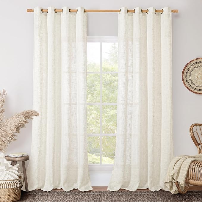 LAMIT Linen Curtains 102 Inches Long for Living Room, Bronze Grommet Linen Textured Sheer Curtains Light Filtering Panels for Boho Farmhouse, 2 Panels, 52 x 102 Inch, Cream