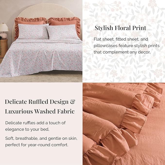 King Comforter Set - 7 Pieces Ruffle Autumn Leaf Bedding Sets, Shabby Chic Farmhouse Bed in a Bag King with Ruffle Comforter, Floral Sheets, Pillowcases & Shams