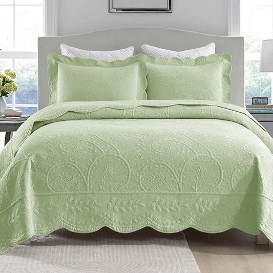 MarCielo 3-Piece 100% Cotton Oversized Bedspread Lightweight Quilt Coverlet Embroidery Farmhouse Bedding Set (TX Pale Green, Oversized King (118"x106"))