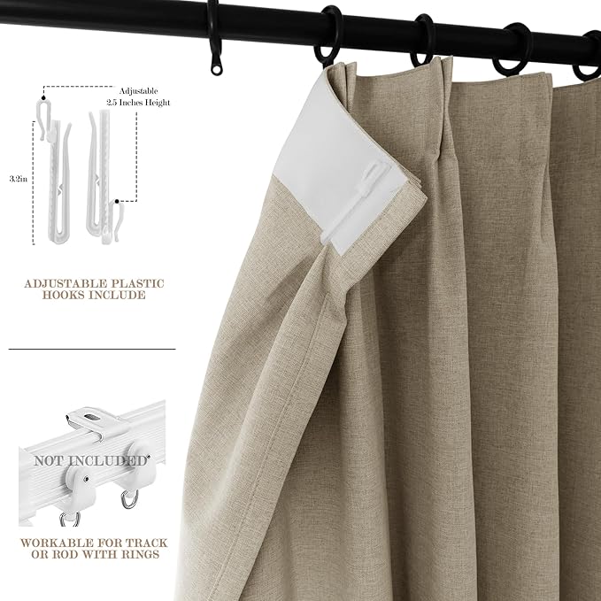 Full Blackout Privacy Curtains, 240 Inch Extra Wide Linen Blend Drapes, Pinch Pleat Window Drapery for Room Divider Storage/Space Room Separation, 1 Panel, W 240" x L 108", Light Khaki