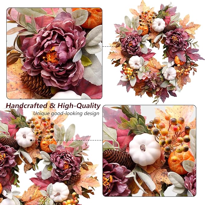 20Inch Fall Wreaths for Front Door,Fall Wreath,Fall Decorations for Home,Autumn Wreaths with White Pumpkins Peony Pine Cones, Fall Door Wreath for Thanksgiving Halloween Indoor Outdoor Decor