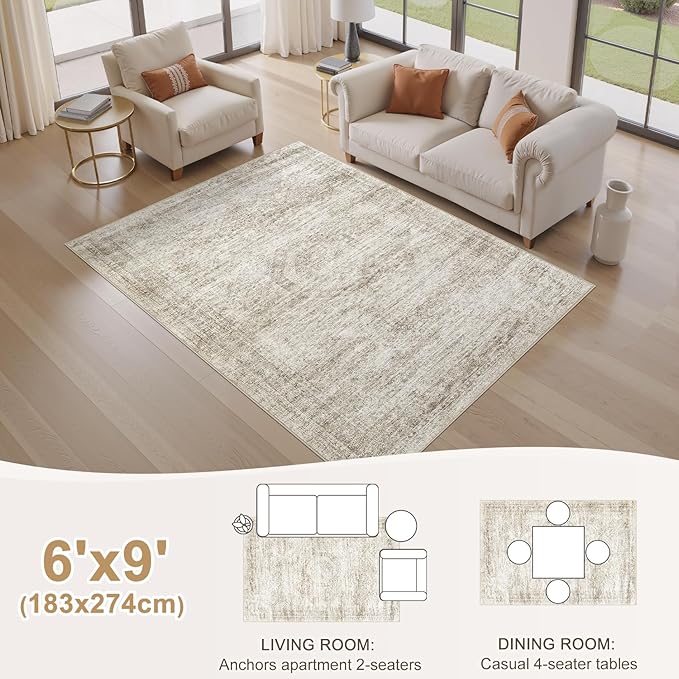 Washable Area Rugs for Living Room -6x9 Neutral Vintage Distressed Floral Farmhouse Boho Large Soft Floor Rug Indoor Non Slip Carpet for Living Room Bedroom Dining Room Office-Beige