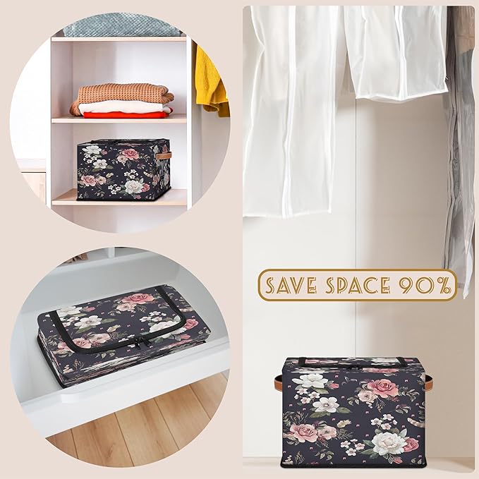 Rectangular Storage Baskets for Shelves - Waterproof Foldable Laundry Basket, Nursery Hamper, Reusable Toy Bin for Organizing Toys, Books, Clothes, Closet 14"x10.2" x10.4" (Flowers)