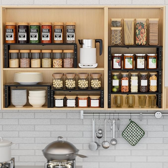 Expandable Spice Rack Kitchen Cabinet Shelf Organizer, Stackable Storage Shelves Racks, Adjustable Counter Shelving for Cabinets, Countertop, Cupboard,Pantry and More(3Packs/Black/Medium)