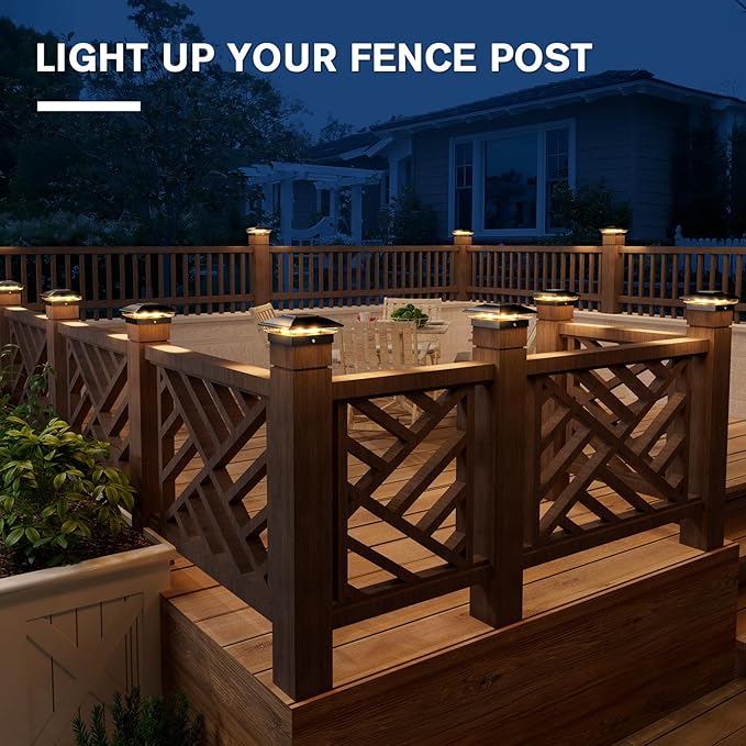 VOLISUN Solar Post Cap Light Outdoor,Solar Fence - Post Lights Waterproof for 4x4/5x5/6x6 Wooden/Vinyl Post,Black Deck Cap Light Solar Powered with Warm White for Garden/Patio/Porch 8pack