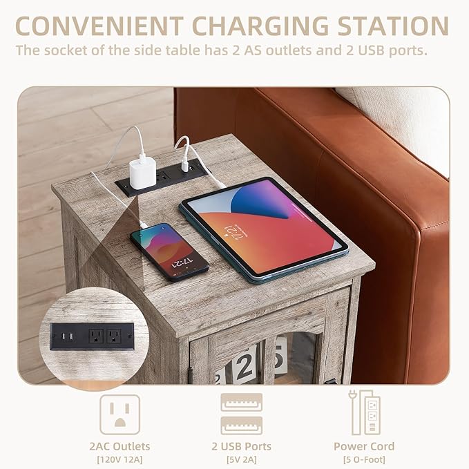 Narrow Side Table,Farmhouse Nightstand with Charging Station,Wood End Table with Glass Barn Door Storage, Cabinet Organizer with Adjustable Shelf, Night Stand for Small Spaces for Living Room Bedroom