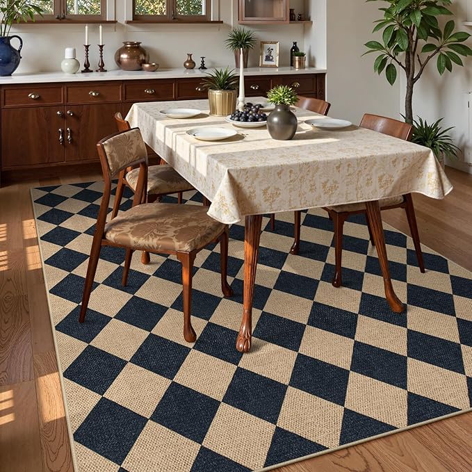 Lahome Checkered Easy Jute Outdoor Rug, Large 6x9 Rug for Living Room Checkerboard Indoor Outdoor Carpet, Farmhouse Patio Office Mat Geometric Non Slip Black Carpet for Backyard Dining Room