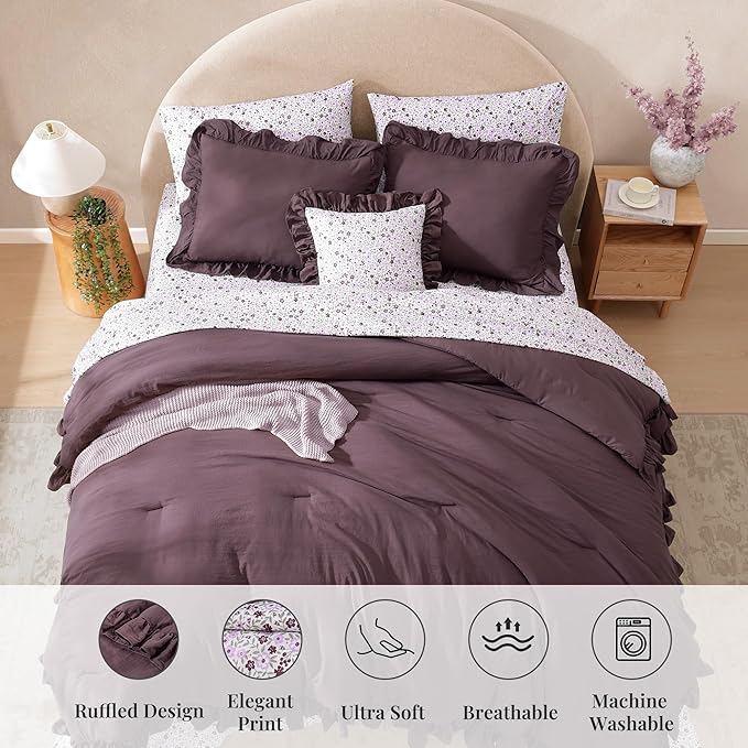 King Comforter Set - 7 Pieces Ruffle Purple Bedding Sets, Shabby Chic Farmhouse Bed in a Bag King with Ruffle Comforter, Floral Sheets, Pillowcases & Shams