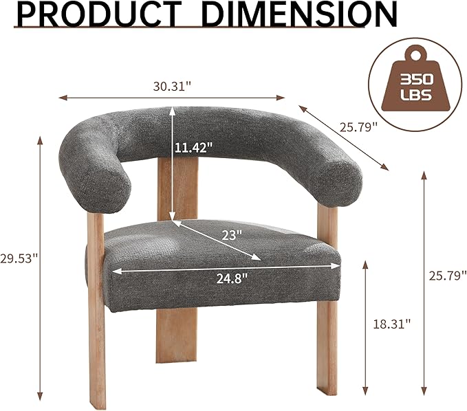 VKNOW Accent Chair Living Room Chair, Modern Upholstered Armchair with Solid Wood Legs, Comfy Barrel Arm Chairs for Living Room Bedroom, Dark Grey