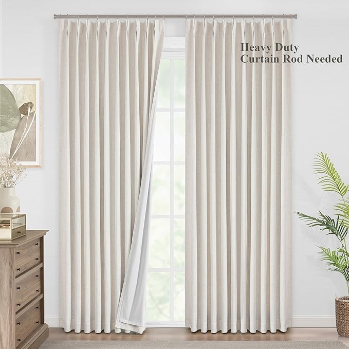 Vision Home Natural Pinch Pleated Full Blackout Curtains Linen Blended Room Darkening Window Curtains 90 inch for Living Room Bedroom Thermal Insulated Pinch Pleat Drapes with Hooks 1 Panel 60"Wx90"L