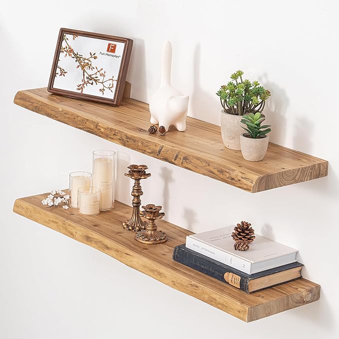 Floating Shelves for Wall, 36"x9.3" Rustic Solid Live-Edge Elm Wood Wall Shelves, Heavy-Duty Floating Shelves with Invisible Brackets, Set of 2 for Living Room, Bedroom, and Kitchen, Natural Finish