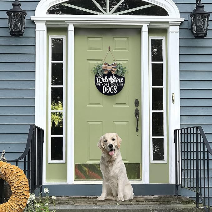 Welcome We Hope You Like Dogs Farmhouse Door Sign for Front Door Porch Decor with Eucalyptus Leaves & Buffalo Bow - Welcome Wreath Sign Hanging for Dogs Lovers Spring Summer Decor Housewarming Gift