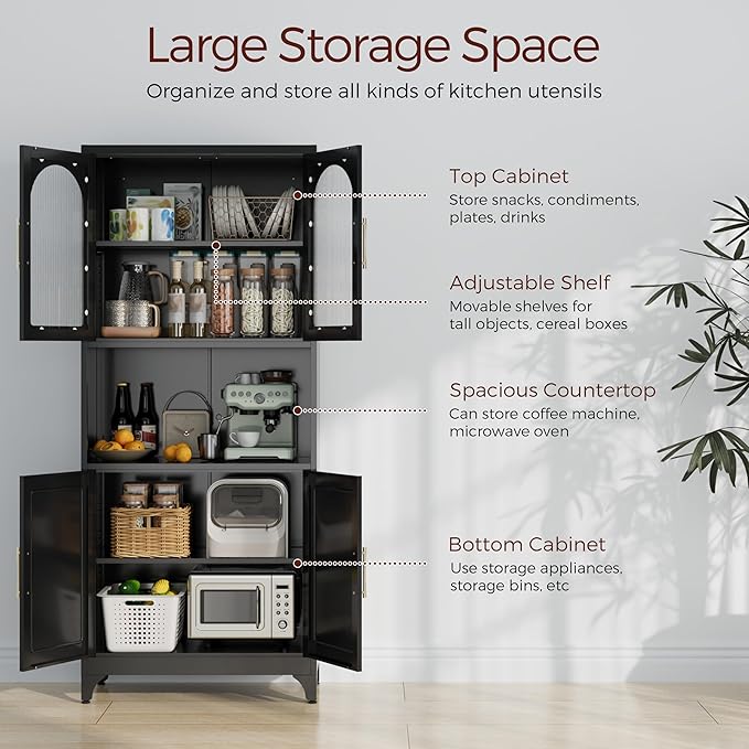 75" Tall Kitchen Pantry Cabinet, Metal Storage Cabinets with Acrylic Doors and Adjustable Shelves, Hutch Cabinet with Storage, Black Microwave Stand Cabinets for Dining Living Room
