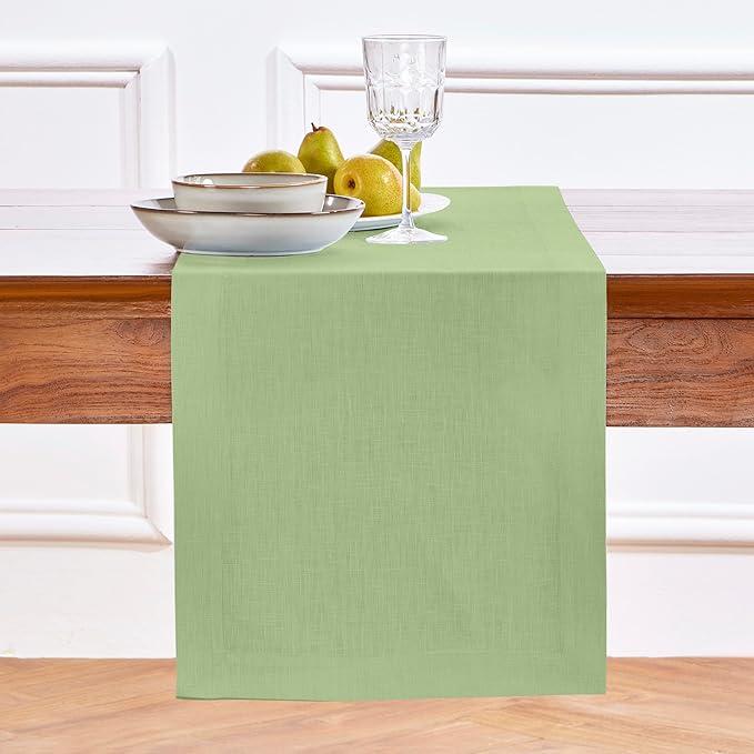 Solino Home Linen Table Runner 108 Inches Long - 100% Pure Linen Laurel Green Dining Table Runner 14 x 108 Inch for Fall, Autumn, Thanksgiving - Fete