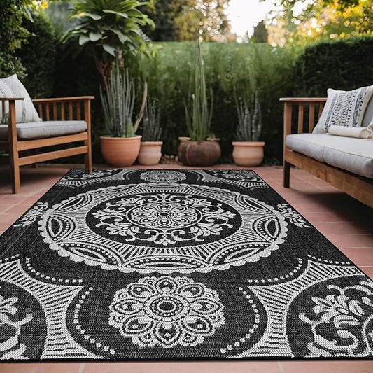 Medallion Outdoor Rug 10x14 Washable Outside Carpet for Indoor Patio Porch Waterproof Easy Cleaning Non Shedding Area Rugs Black 10 x 14