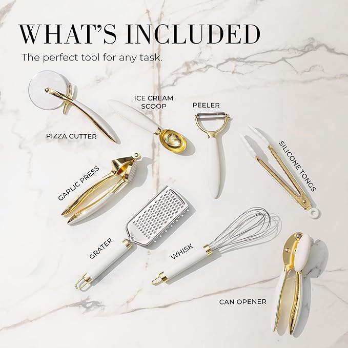 White & Gold Cooking Utensils Set - Luxe 8-Piece Kitchen Gadget Set Includes Can Opener, Tongs and Garlic Press - Stylish White and Gold Kitchen Accessories for Modern Kitchens, Ideal for Gifting