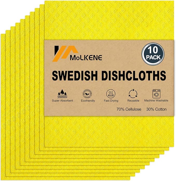 Swedish Dishcloths for Kitchen | 10 Pack Absorbent Cellulose Sponge Cloths Washable | Non-Scratch Reusable Paper Towels Quick Drying Cleaning Rag - Yellow