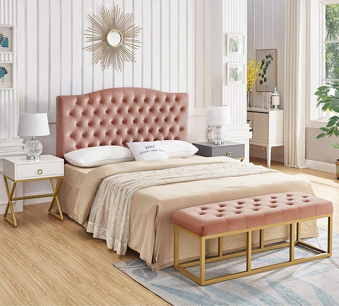 24KF Upholstered Tufted Button Velvet Headboard,Comfortable Fashional Headboard Queen/Full Size,Blush
