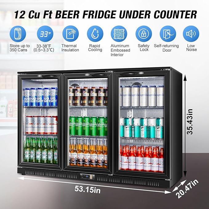 Beverage Refrigerator, 53.15W Inch 12 Cu.Ft Drink Fridge, Back Bar Beer Fridge with 3 Glass Door, 35.43" Height Beverage Cooler, Built-in & Undercounter Commercial Back Bar Cooler for Kitchen Shop Bar