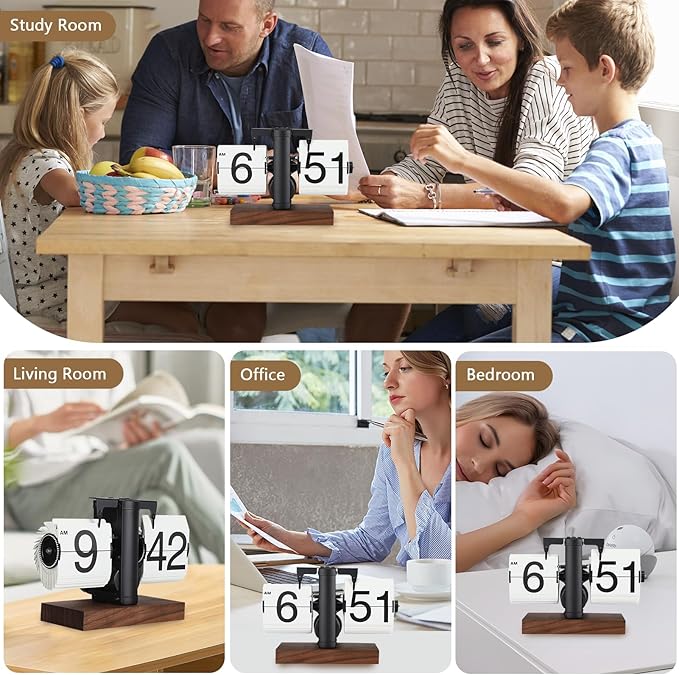 Flip Desk Clock, Retro Vintage Flip Desk Table Clock, Digital Sided Large Numbers Mechanical Flip Clock Wood Base for Living Room, Study Room and Office（Black）