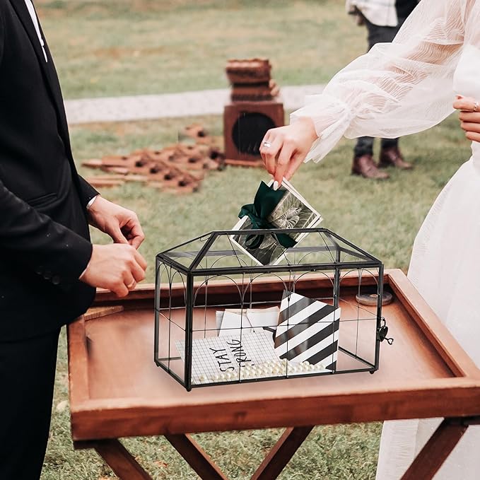 Wedding Card Box with Slot, 12.6'' Large Glass Card Boxes for Reception, Black Geometric Holder, Clear Decorative Storage Box with Lock for Baby Shower, Birthday Party, Christmas, Bridal Shower