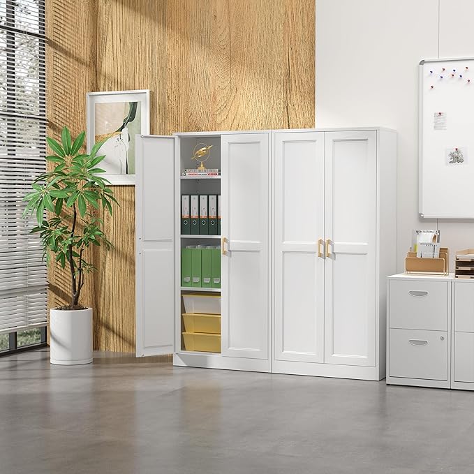 Kitchen Cabinet Storage,60”Metal Pantry Cabinet with Doors and 3 Adjustable Shelves,Food Pantry Cabinets with 2 Gold Handles,White Tall Storage Cabinet for Livingroom,Pantry,Bathroom,Kitchen