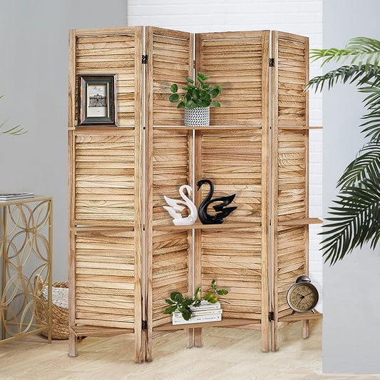 Room Divider with Shelves, Privacy Screen, Room Dividers and Folding Privacy Screens, 4 Panel Wood Temporary Wall Partition Separation Separator, Natural