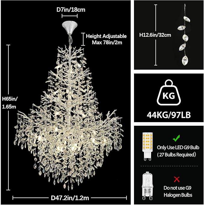 H65'' Silver Tree Branch Crystal High Ceilings Chandeliers,Modern Crystal Staircase Chandeliers, D48'' Foyer Chandelier for High Ceiling, Luxury Large Living Room Chandelier, 27-Lights